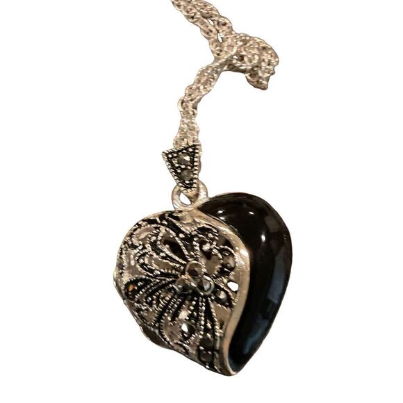 Marcasite Sterling Heart Locket Necklace - Picture 9 of 15